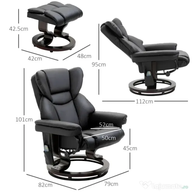 HOMCOM Scaun cu Puf Suport pentru Picioare și Funcție de Masaj, Reclinabil la 145° și Rotativ la 360°, Negru | Aosom Romania