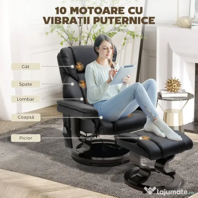 HOMCOM Scaun cu Puf Suport pentru Picioare și Funcție de Masaj, Reclinabil la 145° și Rotativ la 360°, Negru | Aosom Romania