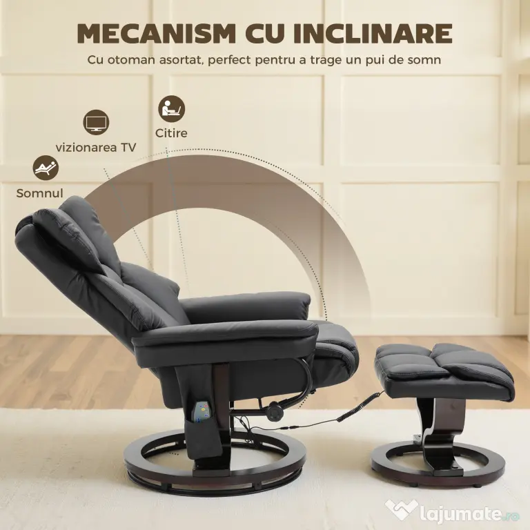 HOMCOM Scaun cu Puf Suport pentru Picioare și Funcție de Masaj, Reclinabil la 145° și Rotativ la 360°, Negru | Aosom Romania