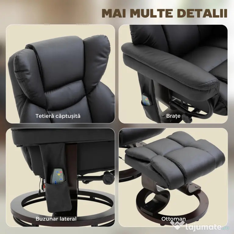 HOMCOM Scaun cu Puf Suport pentru Picioare și Funcție de Masaj, Reclinabil la 145° și Rotativ la 360°, Negru | Aosom Romania