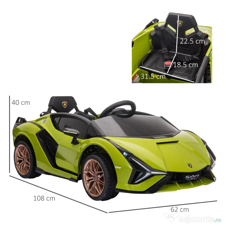 Masina electrica pentru copii 12V Lamborghini, telecomanda, viteza 3-8 km/h, 108x62x40cm, Verde HOMCOM | Aosom Romania