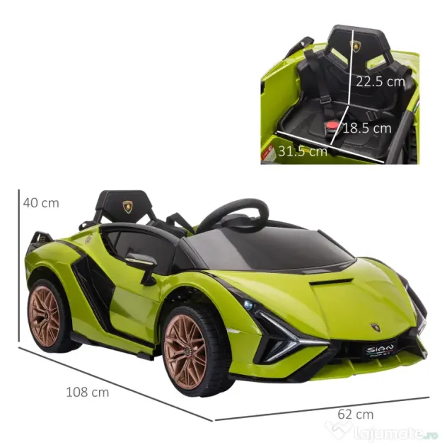 Masina electrica pentru copii 12V Lamborghini, telecomanda, viteza 3-8 km/h, 108x62x40cm, Verde HOMCOM | Aosom Romania