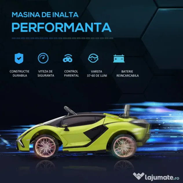 Masina electrica pentru copii 12V Lamborghini, telecomanda, viteza 3-8 km/h, 108x62x40cm, Verde HOMCOM | Aosom Romania