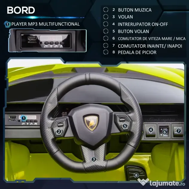 Masina electrica pentru copii 12V Lamborghini, telecomanda, viteza 3-8 km/h, 108x62x40cm, Verde HOMCOM | Aosom Romania