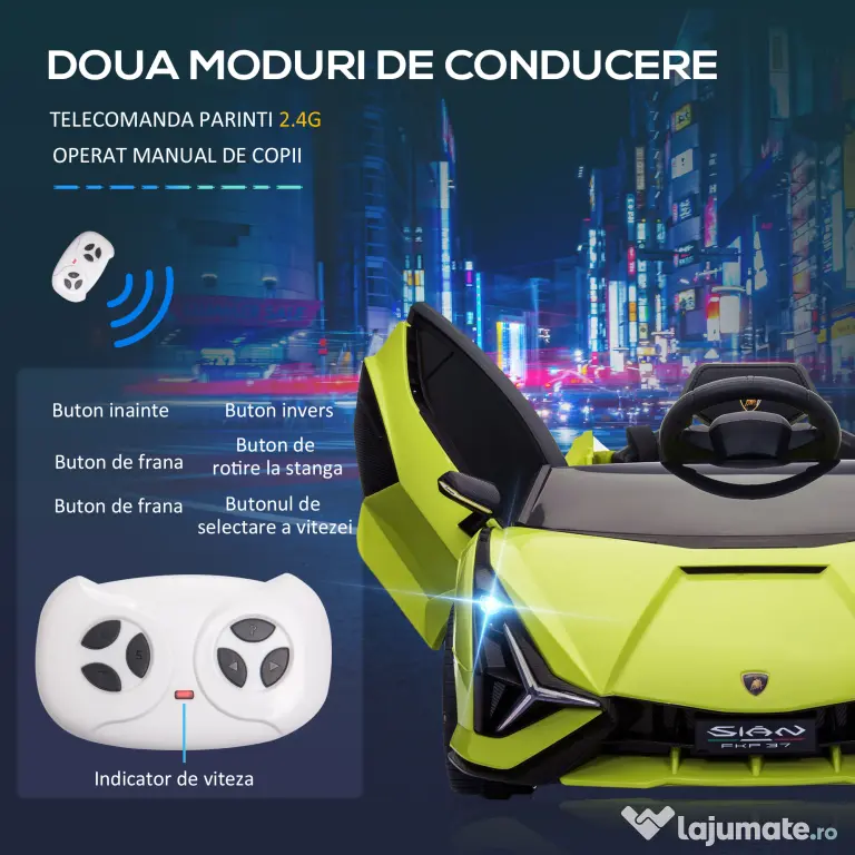 Masina electrica pentru copii 12V Lamborghini, telecomanda, viteza 3-8 km/h, 108x62x40cm, Verde HOMCOM | Aosom Romania