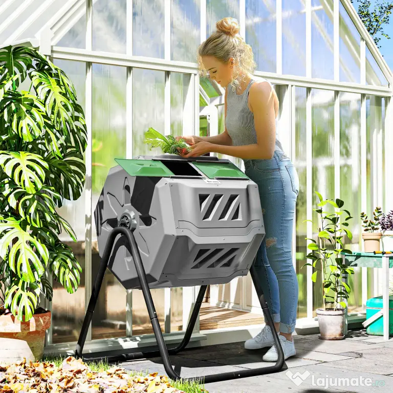Outsunny Compostor de grădină rotativ cu 2 compartimente și 8 orificii de aerisire, din oțel și PP, 71x65x96 cm, gri