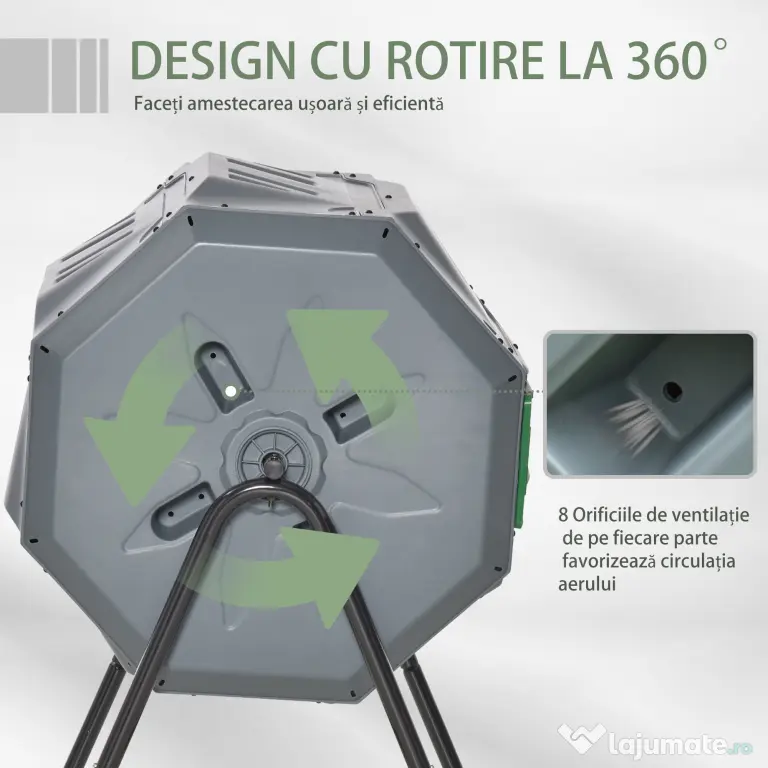 Outsunny Compostor de grădină rotativ cu 2 compartimente și 8 orificii de aerisire, din oțel și PP, 71x65x96 cm, gri