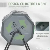 Outsunny Compostor de grădină rotativ cu 2 compartimente și 8 orificii de aerisire, din oțel și PP, 71x65x96 cm, gri