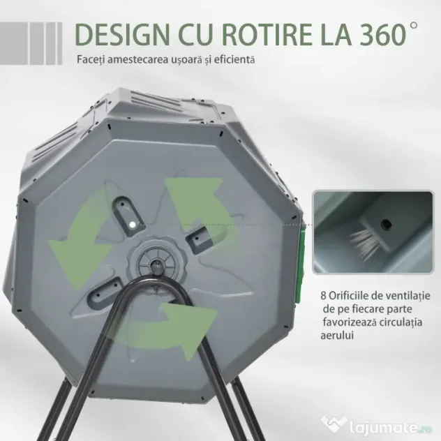 Outsunny Compostor de grădină rotativ cu 2 compartimente și 8 orificii de aerisire, din oțel și PP, 71x65x96 cm, gri