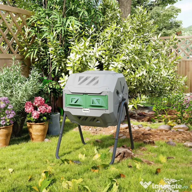 Outsunny Compostor de grădină rotativ cu 2 compartimente și 8 orificii de aerisire, din oțel și PP, 71x65x96 cm, gri