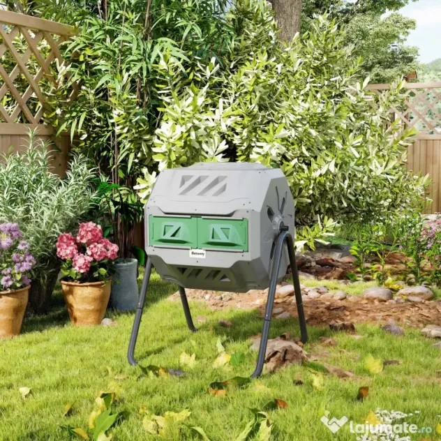 Outsunny Compostor de grădină rotativ cu 2 compartimente și 8 orificii de aerisire, din oțel și PP, 71x65x96 cm, gri
