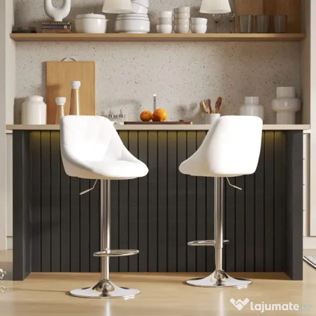 HOMCOM Set 2 Scaune Bar Pivotante Moderne, Reglabile, pentru bucătării și baruri,din Piele PU,Albă | Aosom Romania