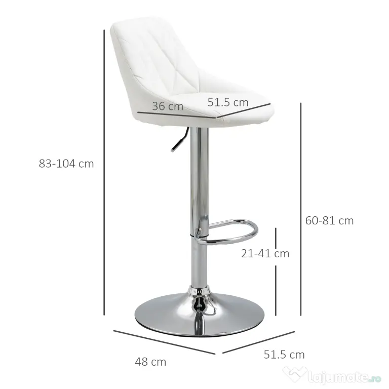 HOMCOM Set 2 Scaune Bar Pivotante Moderne, Reglabile, pentru bucătării și baruri,din Piele PU,Albă | Aosom Romania