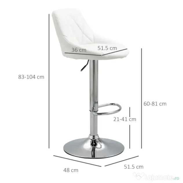 HOMCOM Set 2 Scaune Bar Pivotante Moderne, Reglabile, pentru bucătării și baruri,din Piele PU,Albă | Aosom Romania