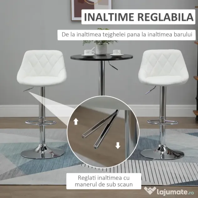 HOMCOM Set 2 Scaune Bar Pivotante Moderne, Reglabile, pentru bucătării și baruri,din Piele PU,Albă | Aosom Romania