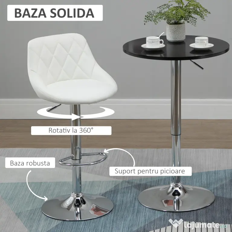 HOMCOM Set 2 Scaune Bar Pivotante Moderne, Reglabile, pentru bucătării și baruri,din Piele PU,Albă | Aosom Romania