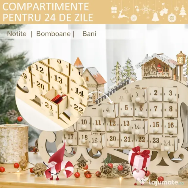 Calendar Advent din Lemn in Forma de Sanie cu 24 de Sertare de Umplut, Decoratiuni si Lumini 45x10x31cm HOMCOM | Aosom RO