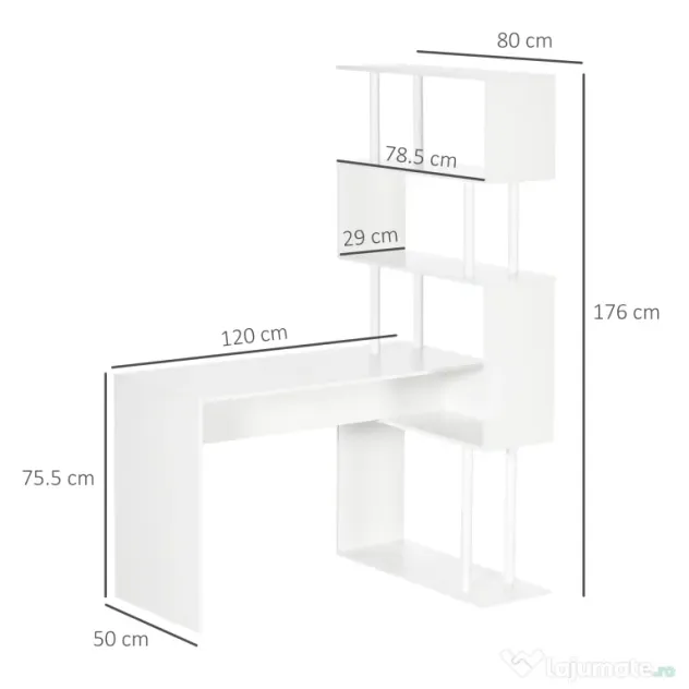HOMCOM Birou Modern pentru Calculator in forma de L, Masa de scris, Birou de colt cu rafturi, alb | Aosom Romania