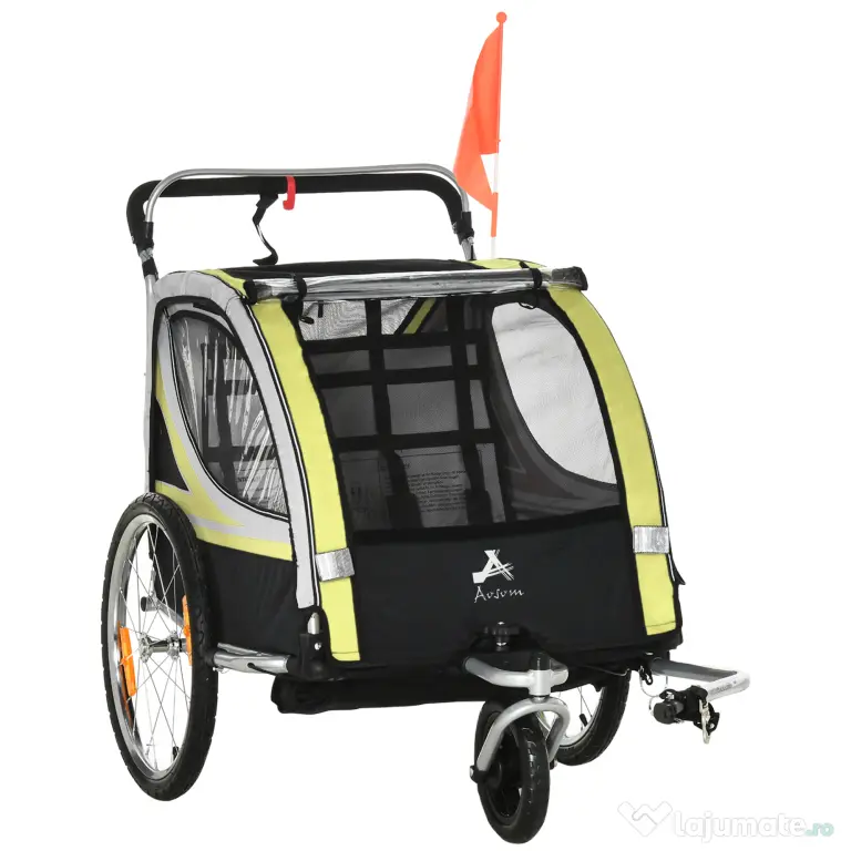 HOMCOM Remorca pentru bicicleta pentru copii 2 in 1, centura in 5 puncte, geanta de depozitare, reflector, steag, galben