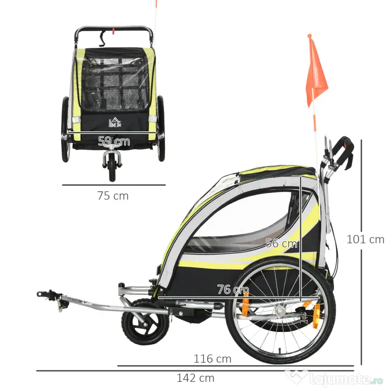 HOMCOM Remorca pentru bicicleta pentru copii 2 in 1, centura in 5 puncte, geanta de depozitare, reflector, steag, galben