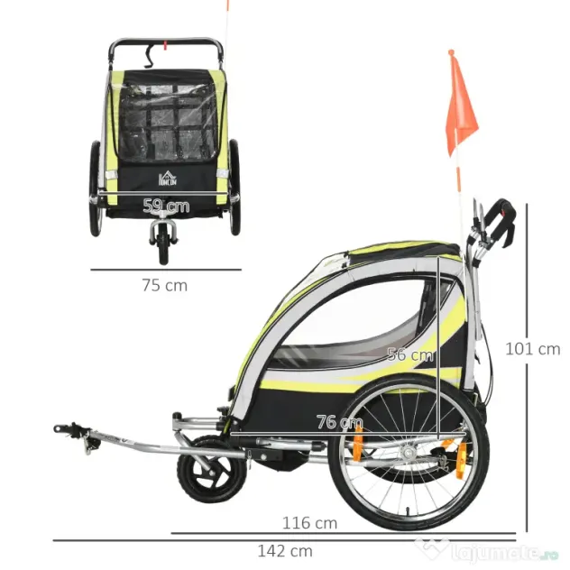 HOMCOM Remorca pentru bicicleta pentru copii 2 in 1, centura in 5 puncte, geanta de depozitare, reflector, steag, galben