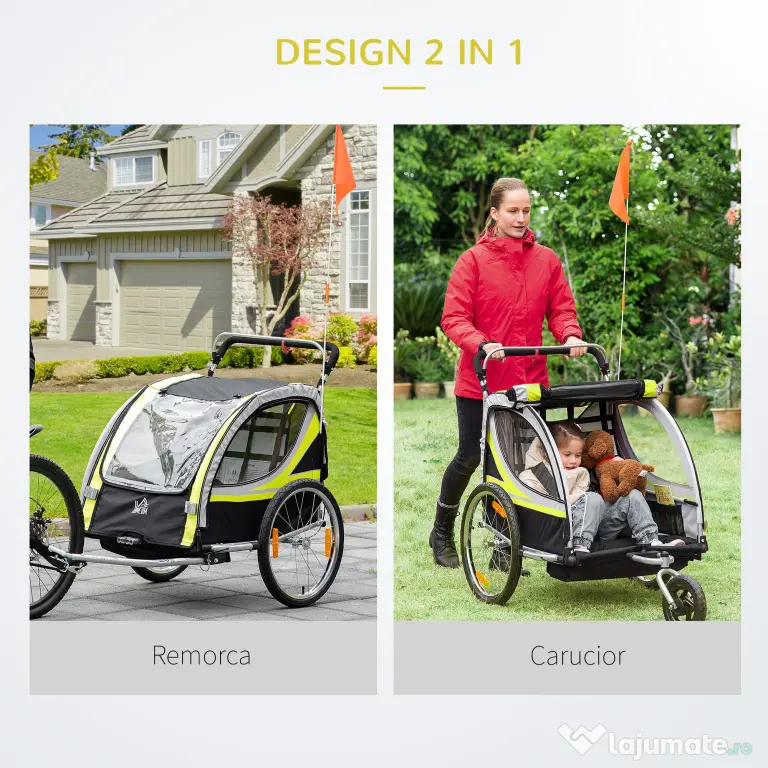 HOMCOM Remorca pentru bicicleta pentru copii 2 in 1, centura in 5 puncte, geanta de depozitare, reflector, steag, galben