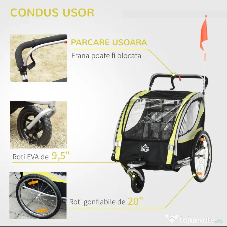 HOMCOM Remorca pentru bicicleta pentru copii 2 in 1, centura in 5 puncte, geanta de depozitare, reflector, steag, galben
