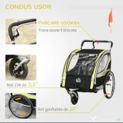 HOMCOM Remorca pentru bicicleta pentru copii 2 in 1, centura in 5 puncte, geanta de depozitare, reflector, steag, galben 