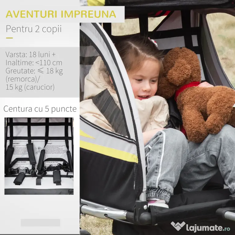 HOMCOM Remorca pentru bicicleta pentru copii 2 in 1, centura in 5 puncte, geanta de depozitare, reflector, steag, galben