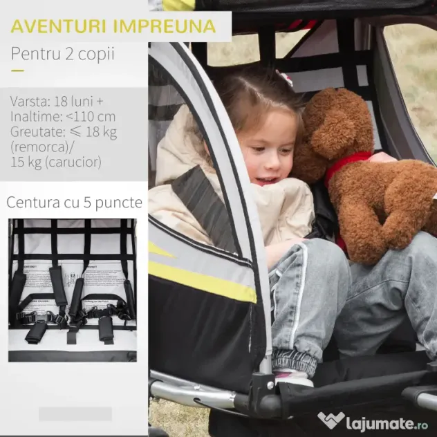 HOMCOM Remorca pentru bicicleta pentru copii 2 in 1, centura in 5 puncte, geanta de depozitare, reflector, steag, galben