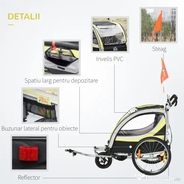 HOMCOM Remorca pentru bicicleta pentru copii 2 in 1, centura in 5 puncte, geanta de depozitare, reflector, steag, galben