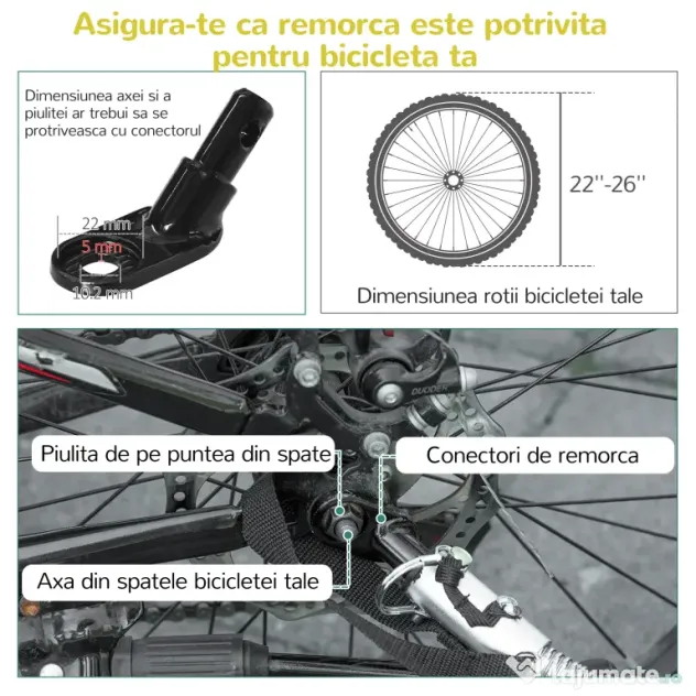 HOMCOM Remorca pentru bicicleta pentru copii 2 in 1, centura in 5 puncte, geanta de depozitare, reflector, steag, galben