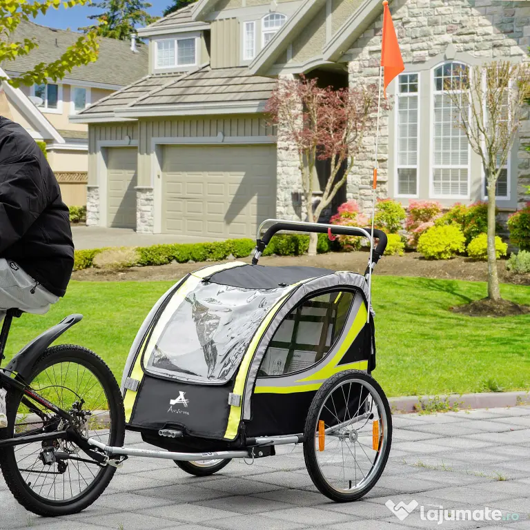 HOMCOM Remorca pentru bicicleta pentru copii 2 in 1, centura in 5 puncte, geanta de depozitare, reflector, steag, galben