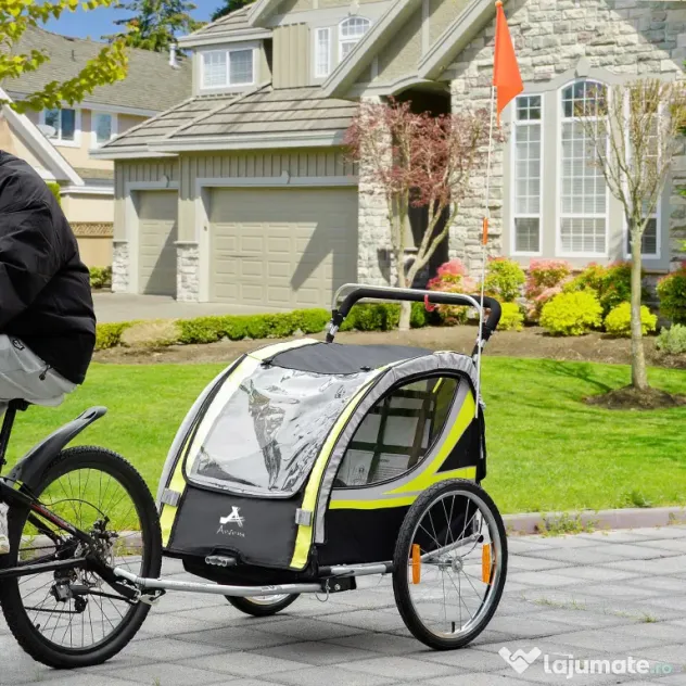 HOMCOM Remorca pentru bicicleta pentru copii 2 in 1, centura in 5 puncte, geanta de depozitare, reflector, steag, galben