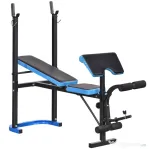 HOMCOM Bancă Multifuncțională cu Suport pentru Haltere și Spătar Reglabil, din Oțel și PU, 155x56.5x120 cm, Negru și Albastru