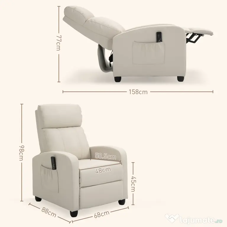 HOMCOM Fotoliu Masaj Rabatabil cu Funcție de Masaj, cu Suport pentru Picioare, Ideal pentru Relaxare, 68x88x98 cm, Crem
