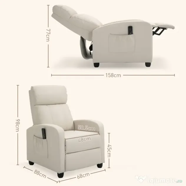 HOMCOM Fotoliu Masaj Rabatabil cu Funcție de Masaj, cu Suport pentru Picioare, Ideal pentru Relaxare, 68x88x98 cm, Crem