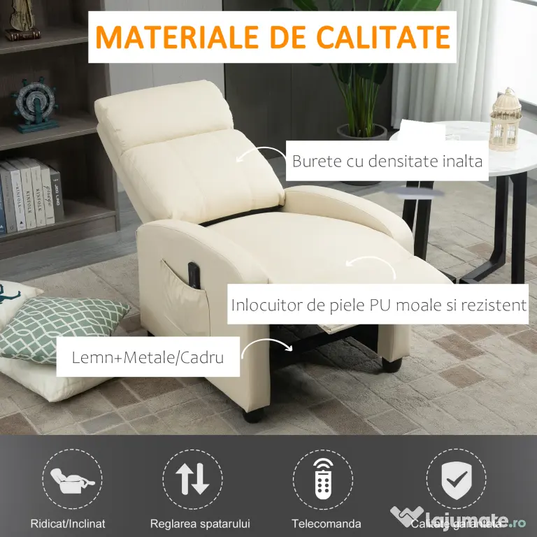 HOMCOM Fotoliu Masaj Rabatabil cu Funcție de Masaj, cu Suport pentru Picioare, Ideal pentru Relaxare, 68x88x98 cm, Crem