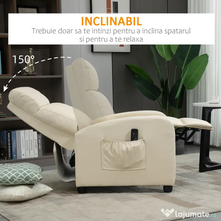 HOMCOM Fotoliu Masaj Rabatabil cu Funcție de Masaj, cu Suport pentru Picioare, Ideal pentru Relaxare, 68x88x98 cm, Crem