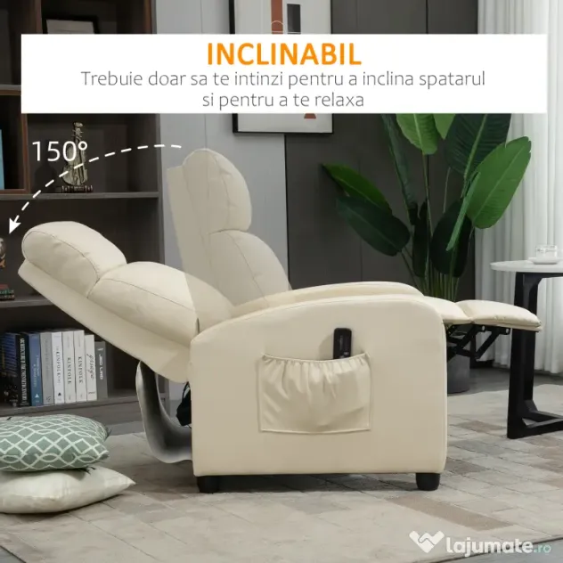 HOMCOM Fotoliu Masaj Rabatabil cu Funcție de Masaj, cu Suport pentru Picioare, Ideal pentru Relaxare, 68x88x98 cm, Crem