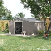 Outsunny Magazie de Gradina cu Usi Duble Glisante si Acoperis Inclinat, Sopron de Gradina din Otel si PP, 3.4x4x2m, Gri
