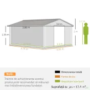 Outsunny Magazie de Gradina cu Usi Duble Glisante si Acoperis Inclinat, Sopron de Gradina din Otel si PP, 3.4x4x2m, Gri