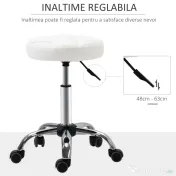 HOMCOM Scaun Rotativ Rotund cu Roți, Înălțime Reglabilă și Tapițerie din Piele Ecologică, Alb
