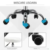 HOMCOM Scaun Rotativ Rotund cu Roți, Înălțime Reglabilă și Tapițerie din Piele Ecologică, Alb