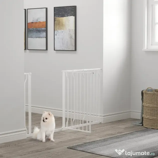 Poarta de Siguranta PawHut pentru Caini din Otel si ABS, Portita pentru Caini Extensibila 75-145cm pentru Scari si Usi, Alb | Aosom Romania