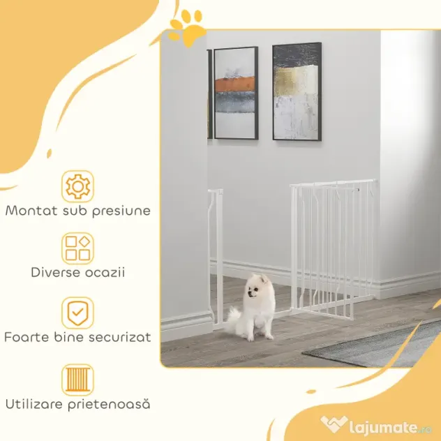 Poarta de Siguranta PawHut pentru Caini din Otel si ABS, Portita pentru Caini Extensibila 75-145cm pentru Scari si Usi, Alb | Aosom Romania