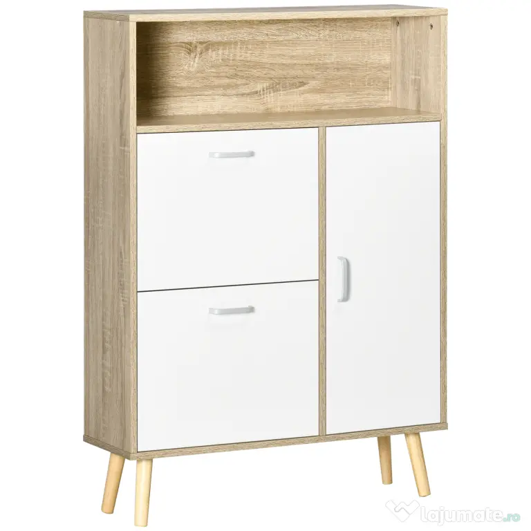 Pantofar cu 2 usi rabatabile si dulap pentru pantofi HOMCOM, reglabil, natural, alb | Aosom Romania