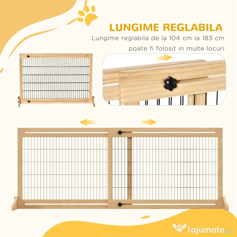 PawHut Poarta Extra Lata Independenta de 183x36x70cm pentru Animale de Companie, cu Lungime Reglabila, Bariere pentru Casa, Usa, Hol, Natur