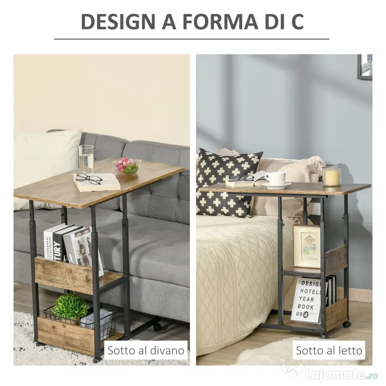 HOMCOM Măsuță de Sufragerie Noptieră Reglabilă în Înălțime Design Rustic Maro | Aosom Romania
