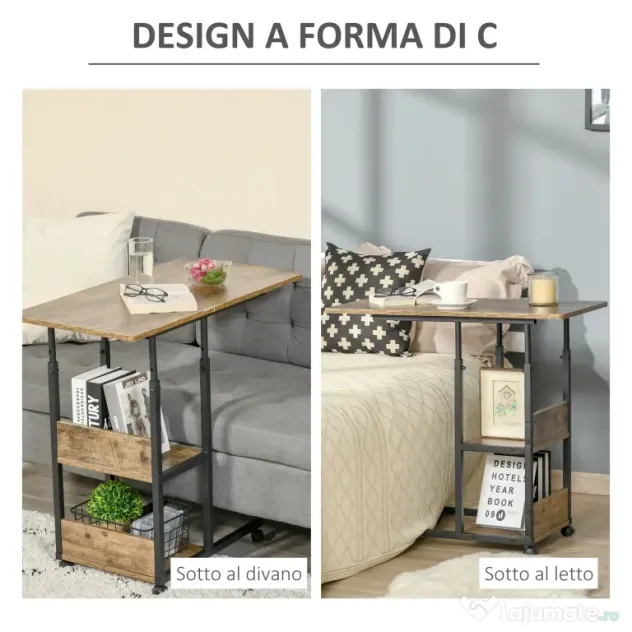 HOMCOM Măsuță de Sufragerie Noptieră Reglabilă în Înălțime Design Rustic Maro | Aosom Romania